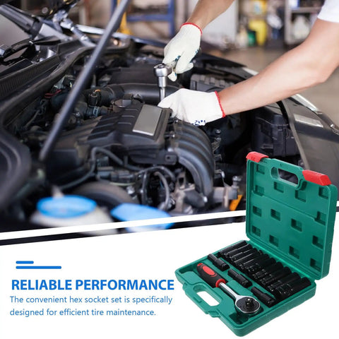 Robust 14 Pc Electric Screwdriver Impact Socket Set With Hex Bits And Extended Sockets For Heavy Duty Power Tool Repairs And Auto Mechanics, green case
