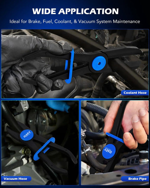 Long Reach Hose Pinch Off Pliers Set 3 Piece Pro Grade All In One Clamp Pliers in use on car hoses and pipes