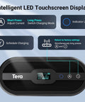 Tesla Friendly Level 1 and Level 2 Electric Vehicle Charger with LED display and touchscreen controls.