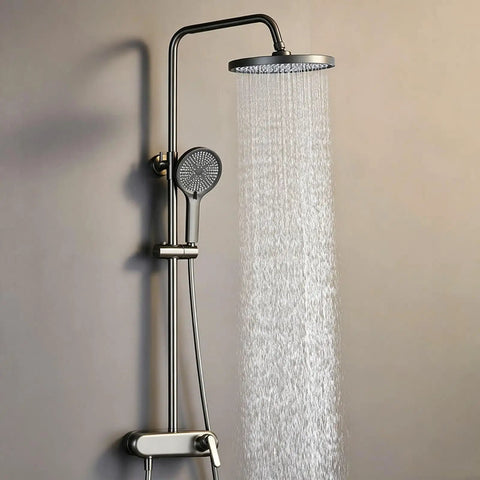 Piano Key Shower System Wall Mounted Exposed Gun Gray 3 in 1 with rain shower and hand shower features.