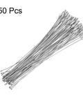 50 Pack Wire Keychain Cables 12 Inch Plastic Coated 1.5mm Stainless Steel Key Ring Loops For Hanging Luggage Tags And ID Tags And Travel Accessories Silver, showing a fanned arrangement of silver keychains