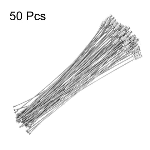 50 Pack Wire Keychain Cables 12 Inch Plastic Coated 1.5mm Stainless Steel Key Ring Loops For Hanging Luggage Tags And ID Tags And Travel Accessories Silver, showing a fanned arrangement of silver keychains