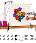35.5 Inch Rug Tufting Frame Kit For DIY Carpet Making Aluminum Nail Frame Easy Setup Multi Purpose Tufting Tool For Guns Hand Tools Embroidery Machines Ideal For Beginners showing tufting gun and floral design