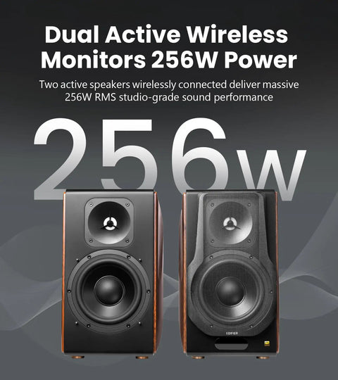 Front view of dual Hi Res 2.0 Powered Bookshelf Speakers with Planar Magnetic Tweeters, 256W RMS, and wireless connectivity