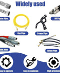 Heavy Duty Electric Hydraulic Hose Crimper Benchtop Workhorse With Ten Precision Dies Auto And Manual Modes For Rubber Lines 220V Three Phase visible components and usages including water, gas, and oil pipes.