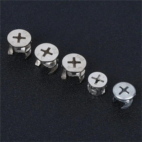 Assorted sizes of zinc alloy cam locks 3 in 1 eccentric hardware from Rock Solid Cam Locks For Furniture Kit For Cabinets Drawers And Desks Secure Joints And Stop Wobble Heavy Duty Wood Furniture Fasteners arranged in a row on black surface
