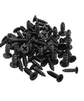 Premium Black Flat Head Phillips Wood Screws, 100 Pack Carbon Steel Fasteners, scattered on a white background.