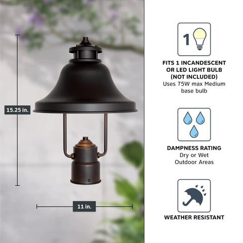 Bayport 1 Light Outdoor Post Lantern In Bronze Finish, 15 Inch Exterior Lighting Fixture with downward beam, weather resistant