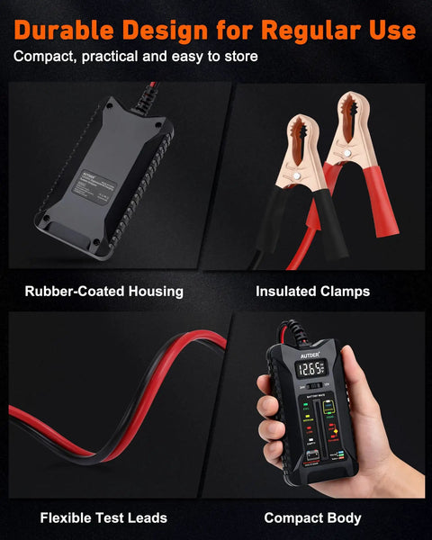 12V 24V Car Battery Tester With Digital Pro Grade All In One Battery And Alternator Tester, LCD Display, LED Indicators, Voltage Analyzer With Reverse Protection For Cars, Motorcycles, RVs And Trucks. Compact rubber-coated body with insulated clamps
