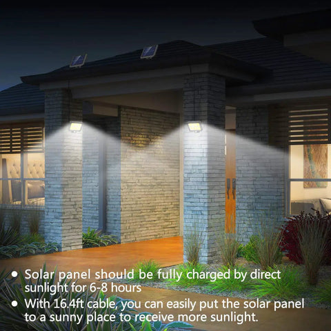 Powerful Solar Outdoor Lights With Motion Sensor and 240 Bright COB LEDs illuminating house exterior