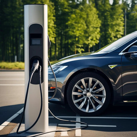 10 Foot 16 Awg 3 Conductor Portable Power Cable SJOOW 300V Electric Cord charging an electric vehicle at a station.