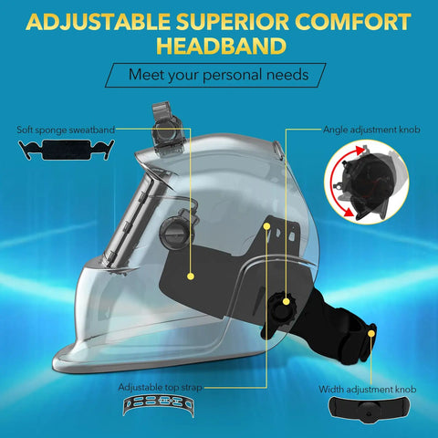 Side view of Auto Darkening Welding Helmet With True Color View Solar Powered Welder Hood With Two Arc Sensors Wide Shade 4 To 9 13 For TIG MIG ARC Pro Welders And DIY Enthusiasts showing adjustable headband construction and comfort features.