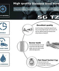 Infographic showing high quality stainless steel screws with features like durability, efficient work, anti-corrosion, and flat head socket cap design.