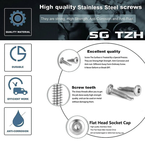 Premium Heavy Duty Size 12 X 2 Inch Flat Head Tek Screws 100 Pack 410 Stainless Steel Self Tapping Fasteners With Smooth Allen Drive, high-quality screws with flat head and anti-corrosion features.