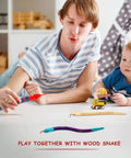 Child and adult playing with a Ten Piece Unfinished Wooden Snakes Craft Kit With Jointed Wiggly Bodies on floor.