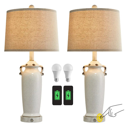 25.75 Inch Farmhouse Ceramic Table Lamps Set Of 2 With 3 Way Dimmable Touch Control Modern Vintage Rustic Nightstand Bedside Lamps USB