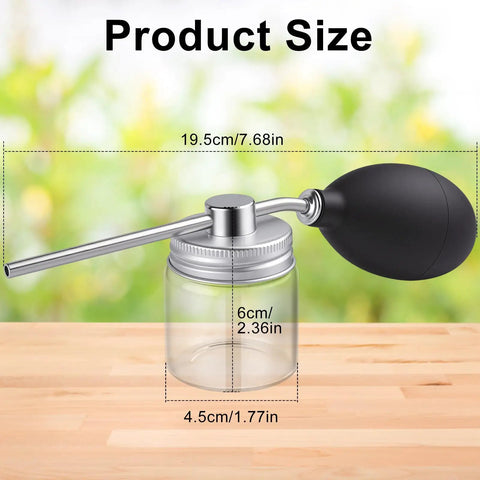 Multipurpose Powder Duster Applicator with Manual Spray Bottle for Home Garden Plant Care showing size dimensions.