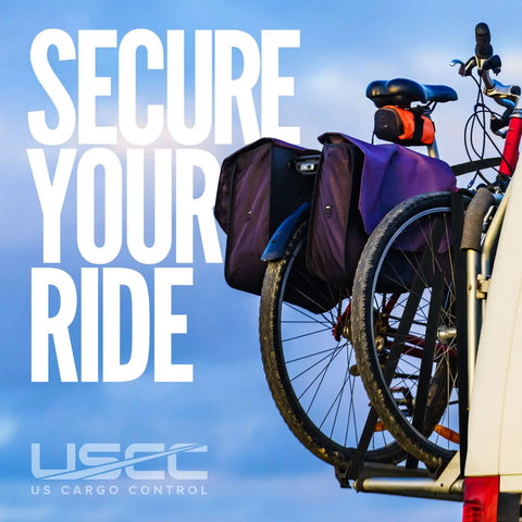 Bicycle attached to a vehicle's rear rack with Endless Ratchet Straps 1 Inch Wide By 15 Foot Four Pack Stainless Steel Tie Downs