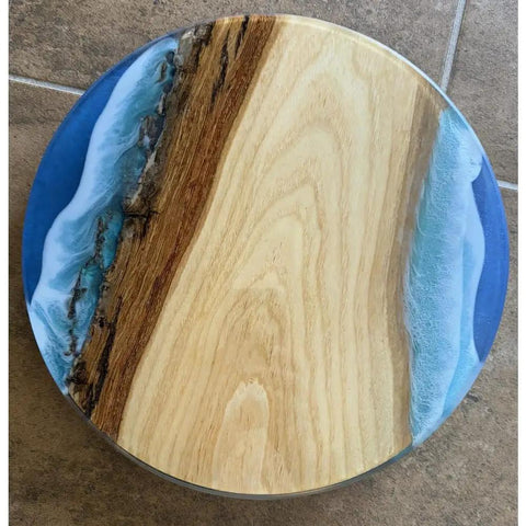12 Inch Rotating Lazy Susan With Ocean Wave Resin On Turquoise Painted Wood Turntable Handmade Modern Dining Table Centerpiece