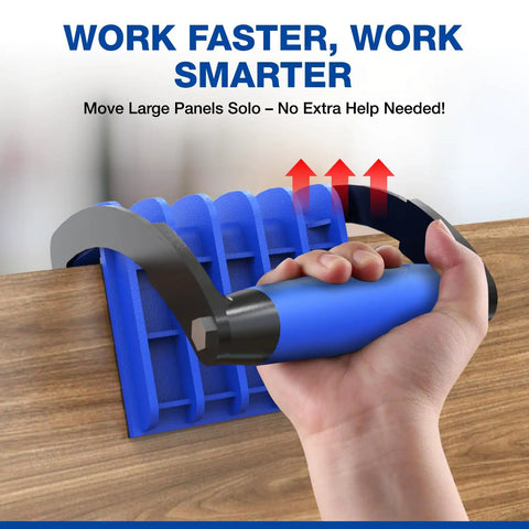 Crush Your Heavy Loadouts With This Panel Carrier Tool For 4x8 Sheets Up To 100 Lbs one hand ergonomic grip shown holding blue handle
