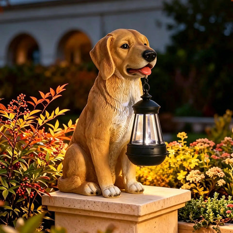 Golden Retriever Solar Dog Statue For Outdoor Decor With Lantern Lights Backyard Lawn Yard Art Weatherproof Garden Ornament For Patio Sun Powered Lights Lit Housewarming Gift on pedestal among flowers.