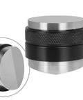 Top Shelf 58mm Espresso Distributor And Tamper Set; dual head tool with stainless steel finish and textured grip for coffee leveling.