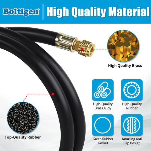 Boltigen 1/2 in ID black vacuum refrigerant hose with brass 3/8 to 1/4 flare fitting, 6 ft length (front view)