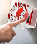 Emergency Stop Button Cover Box Type Transparent Guard Lockout Shield For Stop Button in use on wall panel.