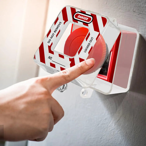 Emergency Stop Button Cover Box Type Transparent Guard Lockout Shield For Stop Button in use on wall panel.