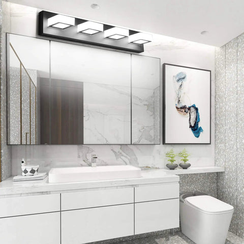 Modern bathroom with Black Sleek Dimmable LED Vanity Light With Four Lights Modern Stainless Steel And Acrylic Rotatable 360 Degree Wall Fixture