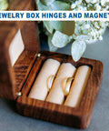 Wooden jewelry box with rings using Brass Hidden Cylinder Hinges And Round Magnets Pack for secure and smooth opening.