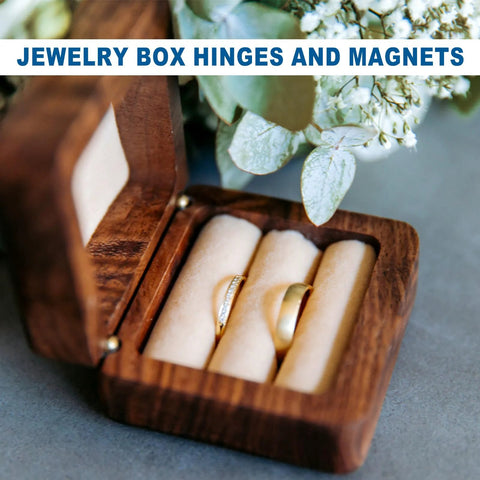 Wooden jewelry box with rings using Brass Hidden Cylinder Hinges And Round Magnets Pack for secure and smooth opening.