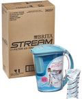 10 Cup Water Filter Pitcher With One Stream Filter For Tap Water, BPA Free, Lake Blue, pitcher next to box and filter pack