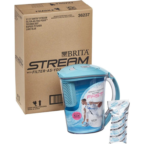 10 Cup Water Filter Pitcher With One Stream Filter For Tap Water, BPA Free, Lake Blue, pitcher next to box and filter pack