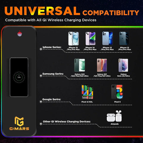 Compatibility guide for RGB Gaming Mouse Pad With 15W Wireless Charging and various Qi-compatible devices