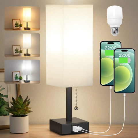 Nightstand Lamp With 3 Color Temperatures 2700K 3500K 5000K, USB C And USB A Ports, Pull Chain Control, Includes LED Bulb