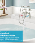 Deck Mount Clawfoot Tub Faucet With Telephone Shaped Handheld Shower in Brushed Nickel over bathtub in white bathroom