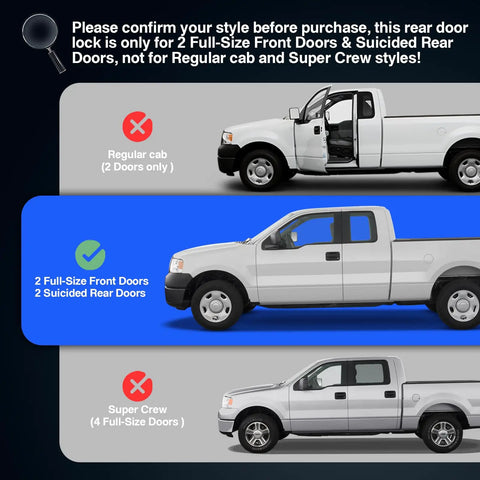 Illustration of Ford truck models showing compatibility for Rear Door Lock Latch Cable Assembly For Ford F150 Super Crew Cab 2004 2005 2006 2007 2008
