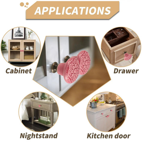 Rose Red Ceramic Flower Cabinet Knobs 10 Pack With Screws Embossed Floral Drawer Handles Kitchen Cupboard Hardware displayed on various furniture.