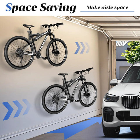 Adjustable Bike Wall Mount Hanger for Space Saving Horizontal Rack Heavy Duty Holder for Mountain Road Hybrid Bikes installed in garage