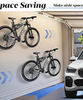 Bike Wall Mount Hanger Adjustable 2 Pack Space Saving Horizontal Bicycle Rack in garage, two bikes mounted, car parked nearby