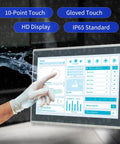 Rugged 15.6 Inch Android 11 Industrial Embedded Interactive Touchscreen Monitor With Smooth Capacitive Multi Touch Tablet Built Different For Heavy Duty Workflows And Featuring Rock Solid Ip65 Front Glass Covers, showing gloved hand using touchscreen.