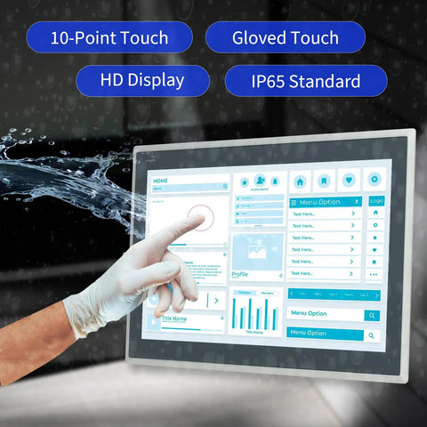 Rugged 15.6 Inch Android 11 Industrial Embedded Interactive Touchscreen Monitor With Smooth Capacitive Multi Touch Tablet Built Different For Heavy Duty Workflows And Featuring Rock Solid Ip65 Front Glass Covers, showing gloved hand using touchscreen.