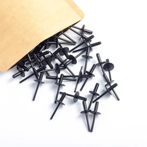 All Black Large Flange Blind Rivets Kit With Aluminum Body And Steel Mandrel 1/8 Inch Diameter Rivets, 100 Pieces, spilled from bag
