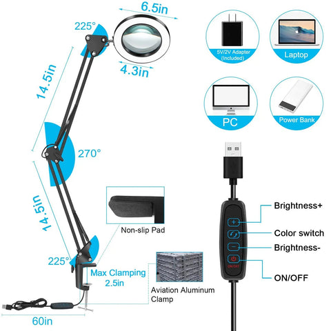 Diagram of 5X Magnifying Glass With Light For Crafts And Hobbies, 3 Color Modes, Stepless Dimmer, showing arm dimensions and USB controls.