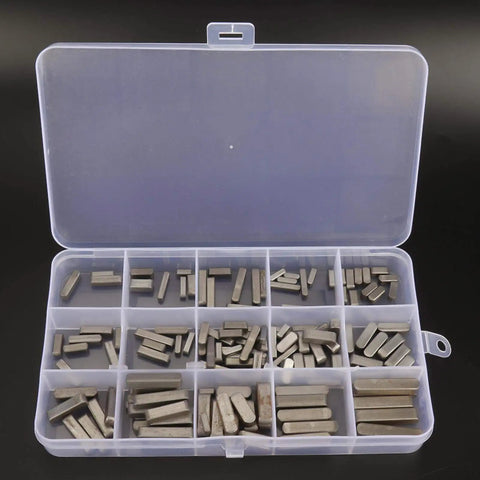 Pro Grade 140 Piece Keyway and Feather Key Set for Pulleys and Shafts, 8mm to 30mm Range, 16 Sizes, Includes a Handy Plastic Storage Box for Easy Carry, Quick Access, and Rugged Mechanical Fastening in Industrial Projects. Plastic box with assorted metal feather keys
