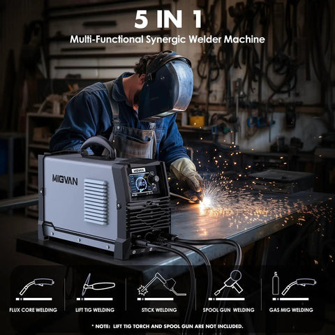 180 Amp All In One MIG Welder With Dual Voltage 110V 220V used for metal welding in workshop by a welder wearing safety gear.