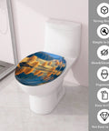 Round resin toilet seat featuring a lake design, 14.5" x 16.5", perfect for a bathroom setting.