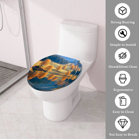Round resin toilet seat featuring a lake design, 14.5" x 16.5", perfect for a bathroom setting.