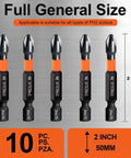 Front view of five PH2 Phillips impact bits, 2-inch length, S2 steel, 1/4-inch hex shanks
